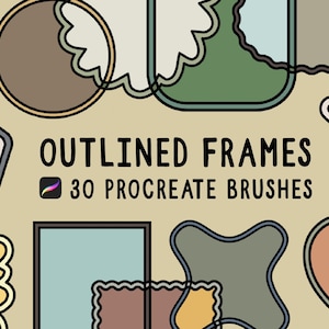 Puede incluir: Imagen que presenta varias formas de marcos delineados en tonos neutros. El texto "OUTLINED FRAMES" y "30 PROCREATE BRUSHES" se muestran, indicando pinceles digitales para Procreate.
