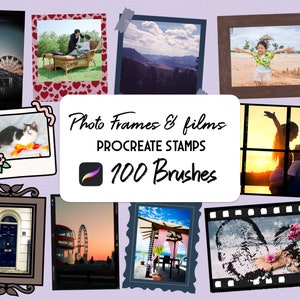 Puede incluir: Una ilustración digital de una colección de marcos de fotos y tiras de película con un logotipo de Procreate y el texto "Photo Frames & films, PROCREATE STAMPS, 100 Brushes".