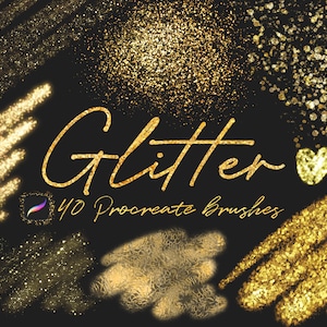 Könnte beinhalten: Ein Set mit 40 goldenen Glitzer-Procreate-Pinseln. Die Pinsel wurden entwickelt, um eine Vielzahl von Effekten zu erzeugen, von subtilem Glitzern bis hin zu kräftigem Schimmern.