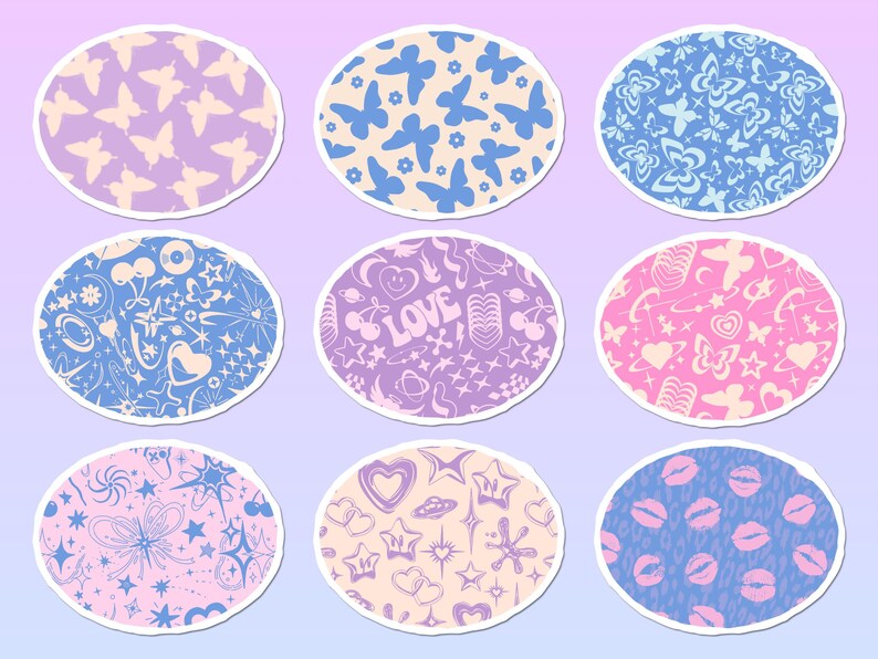 May include: A set of nine oval stickers featuring various patterns including butterflies, hearts, stars, cherries, and lips in shades of pink, purple, and blue. Each sticker has a white border and displays repeating graphic motifs on a colored background.
