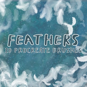 Puede incluir: Una ilustración digital de plumas blancas sobre un fondo azul. El texto "FEATHERS 20 PROCREATE BRUSHES" está escrito en blanco en la imagen.
