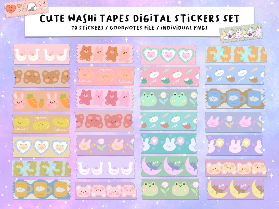 Cute Washi Tape Digital Stickers, Goodnotes PNG Set - Etsy
