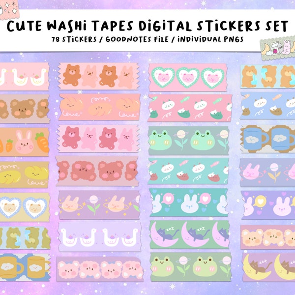 Niedliche Washi Tape Digitale Sticker Set für Goodnotes, individuelle pngs, vorgeschnitten, mehrfarbig