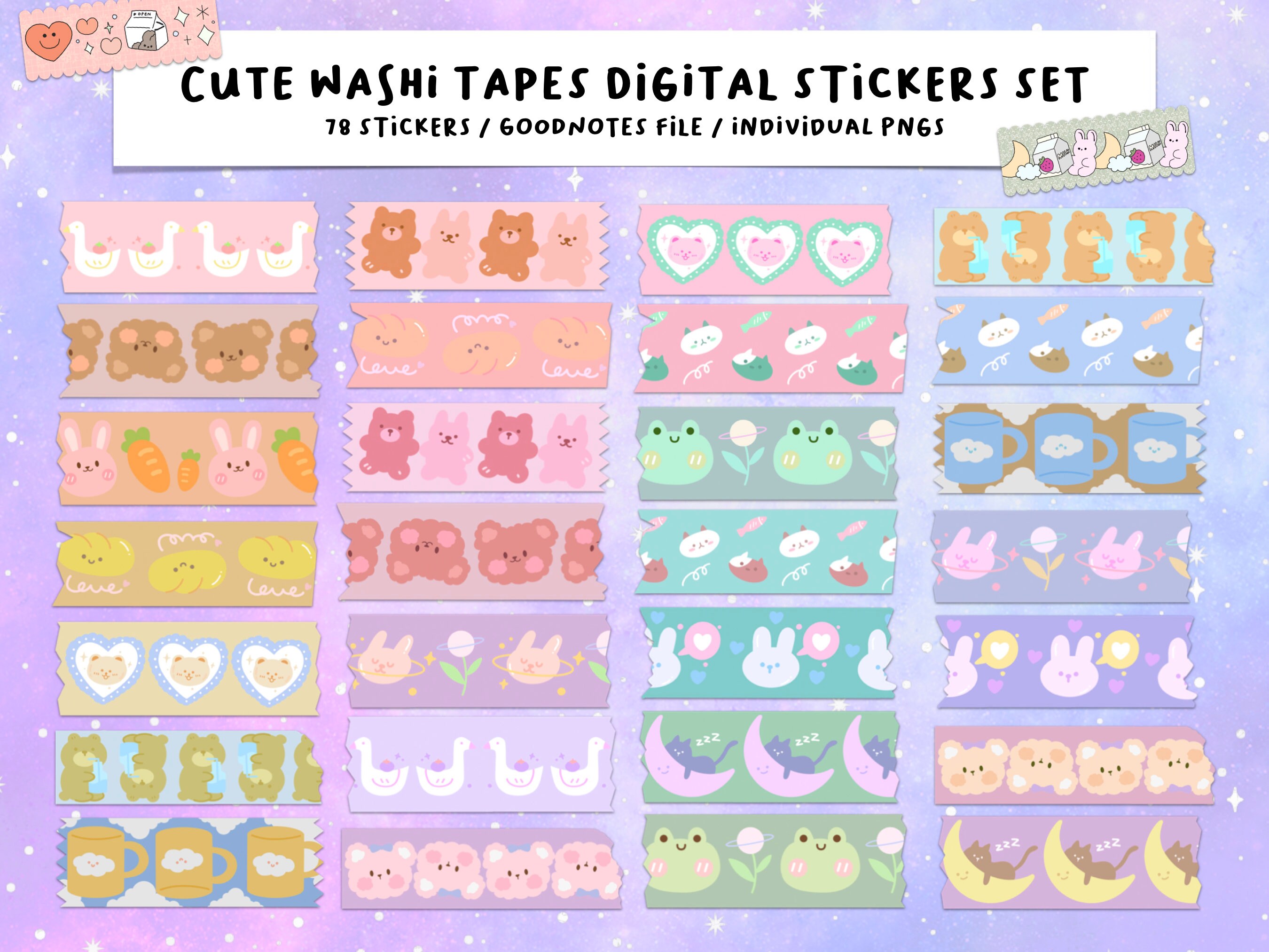 Cute Washi Tape Digital Stickers Set for Goodnotes, Individual Pngs ...