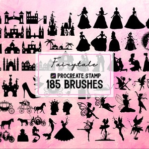 May include: A set of 185 Procreate brushes featuring black silhouettes of fairy tale elements, including castles, princesses, fairies, carriages, and more. The brushes are designed for use in the Procreate app.