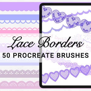 May include: Digital art design featuring a tablet displaying purple lace heart borders. The image includes the text "Lace Borders" and "50 PROCREATE BRUSHES" against a pastel background with various lace patterns in pink, purple, and white.