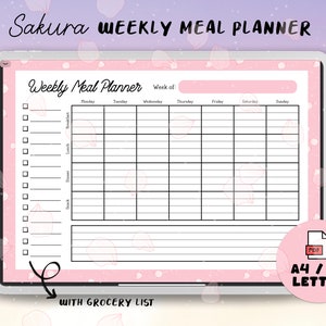 Planificador de comidas semanal digital Sakura - Lista de compras, Planificador imprimible - Tamaño A4 / Carta PDF Descarga instantánea