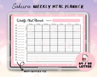 Sakura Weekly Meal Planner: Printable Grocery List (A4/Letter PDF)