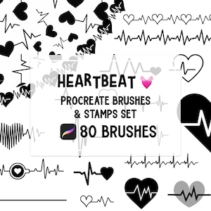 May include: A set of 80 Procreate brushes and stamps featuring heartbeats and hearts. The set includes a variety of styles, including simple heartbeats, hearts with EKG lines, and hearts with medical equipment. The text "HEARTBEAT" and "80 BRUSHES" is displayed in the center of the image.
