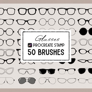 May include: A set of 50 Procreate stamp brushes featuring various styles of glasses, including round, square, and aviator shapes. The brushes are black and white and are designed for use in digital art.