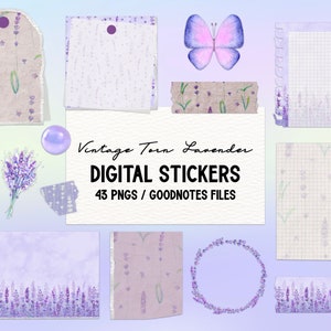 Vintage Torn Lavender Digital Stickers Set - Notas adhesivas, cintas washi, archivo Goodnotes, PNG individual