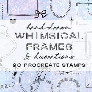Puede incluir: Un conjunto de 90 marcos y decoraciones caprichosas dibujados a mano para Procreate. Los marcos son en blanco y negro y presentan una variedad de estilos, incluyendo círculos, cuadrados y espirales. Las decoraciones incluyen lazos, estrellas y corazones.