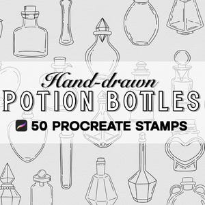 May include: A set of 50 hand-drawn potion bottle illustrations for Procreate. The illustrations are in black and white and feature a variety of bottle shapes and styles, including hearts, diamonds, and round bottles.