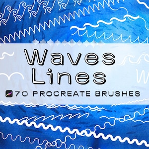 May include: Digital art graphic featuring various white wave and line designs on a blue watercolor background. The text "Waves Lines" is displayed in a bold, outlined font, with "70 Procreate Brushes" below.