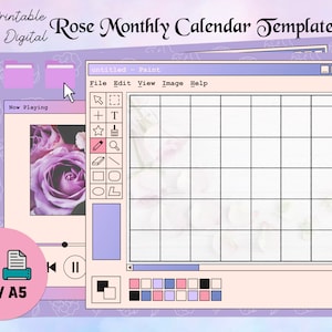 Peut inclure: Un modèle de calendrier mensuel de rose imprimable et numérique dans un design de fenêtre d'ordinateur vintage. Le calendrier est une grille avec une image de rose en arrière-plan. Le modèle est disponible en tailles A4 et A5.