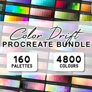 Puede incluir: Un paquete de paletas de colores digitales para Procreate que incluye 160 paletas individuales y 4800 colores en total. La pantalla muestra una cuadrícula de varias muestras de color con el texto Color Drift PROCREATE BUNDLE, 160 PALETTES, 4800 COLOURS.