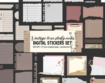 Conjunto de pegatinas digitales de papel rasgado vintage - Notas adhesivas, cintas washi, archivo Goodnotes, PNG individual