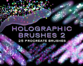 Könnte beinhalten: Digitale Kunstpinsel mit holografischem Effekt. Das Bild zeigt farbenfrohe, funkelnde Pinselstriche und den Text "HOLOGRAPHIC BRUSHES 2" und "25 PROCREATE BRUSHES" auf schwarzem Hintergrund.
