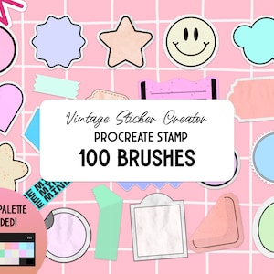 May include: A set of 100 Procreate brushes for creating vintage stickers. The brushes are designed to create a variety of shapes, including stars, hearts, clouds, and smiley faces. The brushes are also designed to create a variety of textures, including polka dots, stripes, and glitter. The brushes are perfect for creating unique and personalized stickers for your projects.