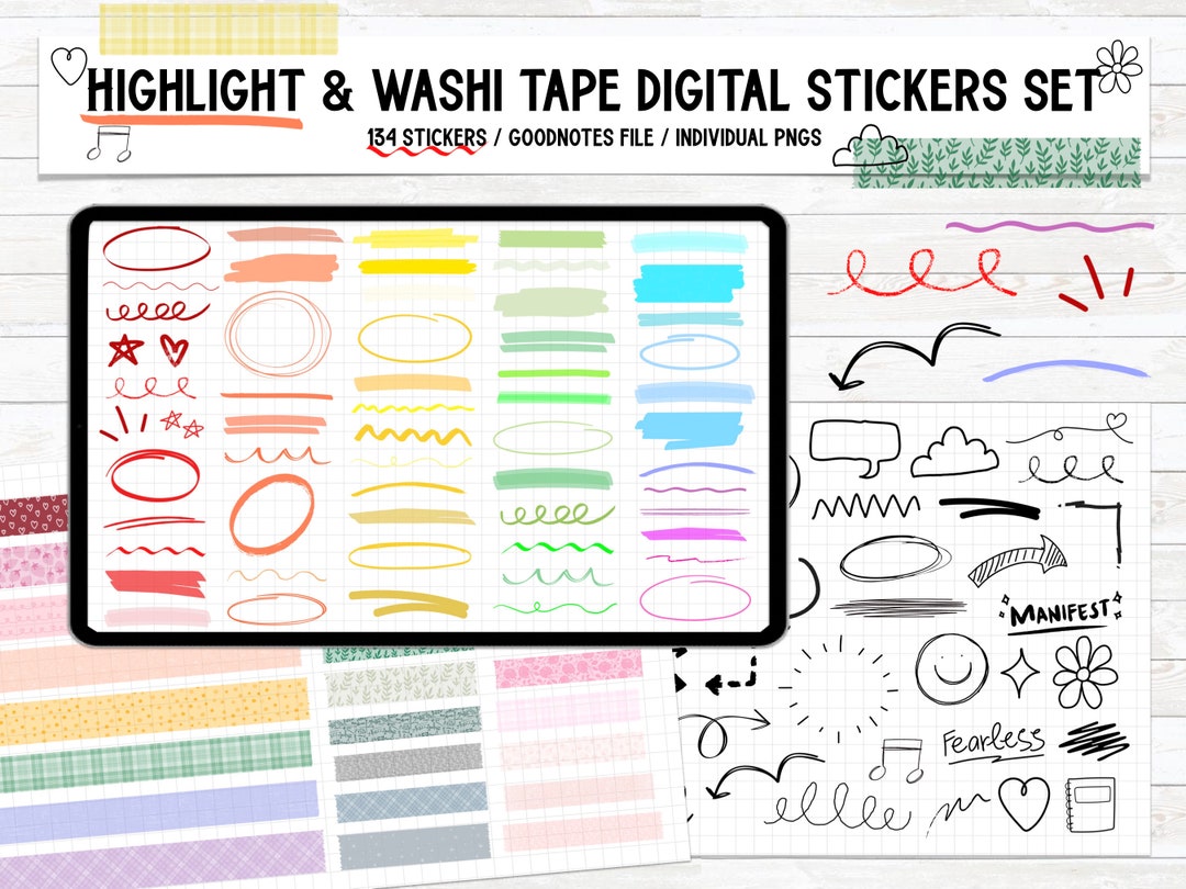 Highlight & Washi Tape Digital Stickers Bundle for Goodnotes, PNG ...