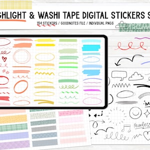 ハイライト＆和紙テープ デジタルステッカー バンドル、GoodNotes、PNG、マスキングテープ、落書き用