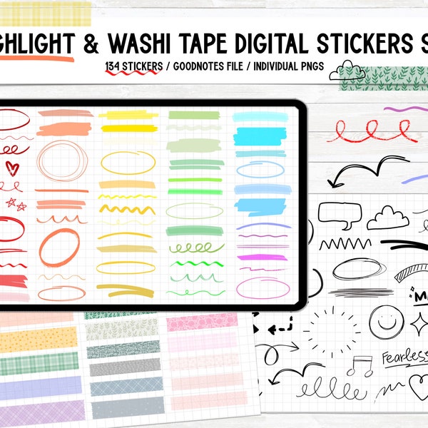 Highlight & Washi tape Digital stickers bundle for goodnotes, PNG, Masking tape, doodles