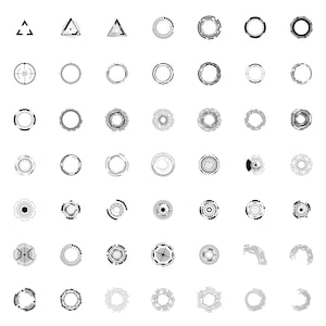 May include: A set of 64 black and white geometric shapes, including circles, squares, triangles, and other abstract designs. The shapes are arranged in a grid pattern on a white background.