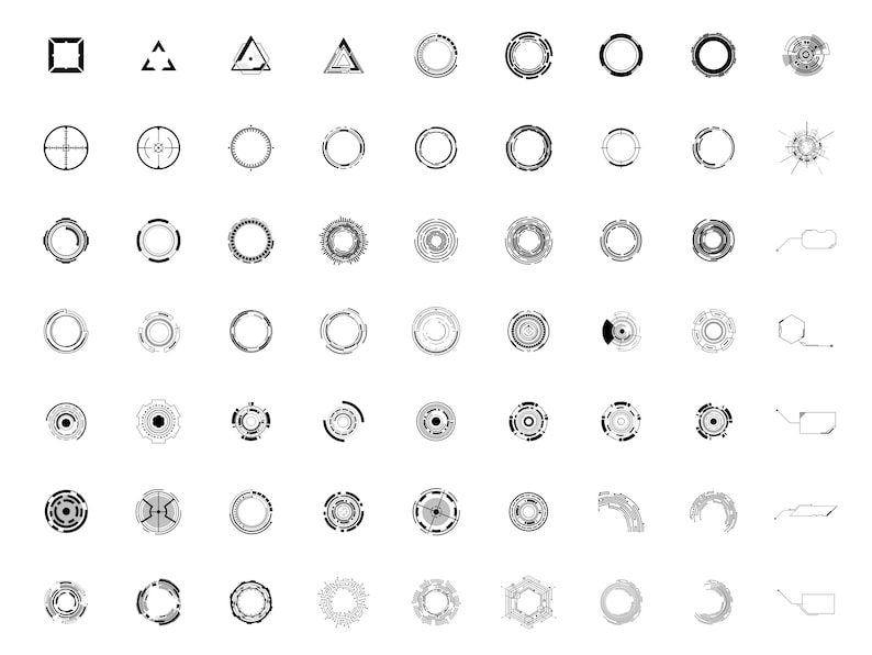 May include: A set of 64 black and white geometric shapes, including circles, squares, triangles, and other abstract designs. The shapes are arranged in a grid pattern on a white background.