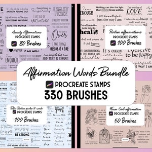 May include: A digital art bundle featuring affirmation words and quotes for Procreate. The image displays various sets of brushes, including anxiety affirmations, positive affirmations, tattoo quotes, and flower girl affirmations. The bundle includes 330 brushes.