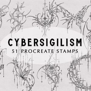 Puede incluir: Sellos digitales en blanco y negro con diseños intrincados, puntiagudos y florales. Se muestra el texto "CYBERSIGILISM" y "51 PROCREATE STAMPS". Un icono de la aplicación Procreate está en la esquina superior derecha.
