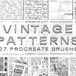 27 Vintage Paper Pattern Procreate Brush Set 2 - Giornale, Scrittura a mano, Calligrafia, Monocromatico, Album di ritagli, Carta per diario