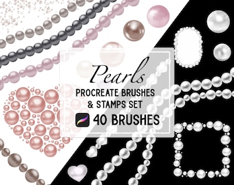 May include: A set of 40 Procreate brushes and stamps featuring pearl designs. The image shows various pearl shapes, sizes, and colours, including white, grey, and pink pearls. The text "Pearls" is displayed in a large font, along with the text "Procreate Brushes & Stamps Set" and "40 Brushes".