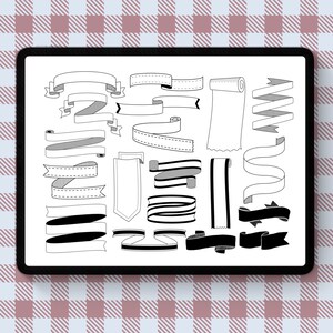 May include: A digital drawing of various ribbon and banner designs in black and white. The designs include different shapes, sizes, and styles of ribbons and banners, including some with a dotted pattern.