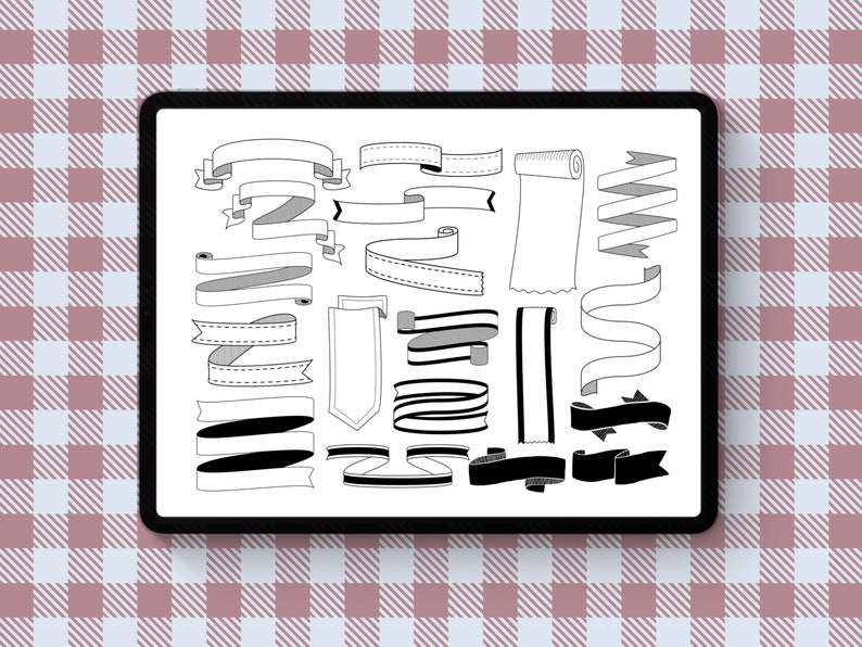May include: A digital drawing of various ribbon and banner designs in black and white. The designs include different shapes, sizes, and styles of ribbons and banners, including some with a dotted pattern.