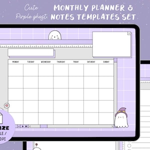 Peut inclure: Un ensemble de modèles de planificateur mensuel et de notes avec un thème mignon de fantôme violet. L'ensemble comprend un calendrier mensuel, des pages de notes et une liste de tâches. Les modèles sont conçus dans un format numérique et sont disponibles en format A4, fichier PDF et 300 DPI.