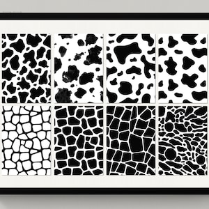 May include: A digital tablet screen displaying eight different black and white animal print patterns. The patterns include cow print, giraffe print, and crocodile print.