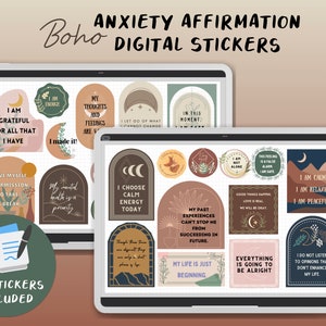 May include: A digital sticker set with 25 boho-style stickers featuring affirmations and motivational quotes. The stickers are in various shapes and colors, with illustrations of mountains, moons, and plants. The text includes phrases like "I am grateful for all that I have", "I choose calm energy today", and "My life is just beginning".