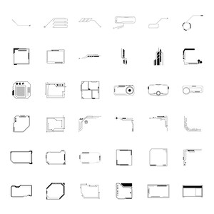 May include: A set of 36 black and white digital interface frames. The frames are in various shapes and sizes, including squares, rectangles, circles, and ovals. Some frames have lines and dots, while others are simple outlines.