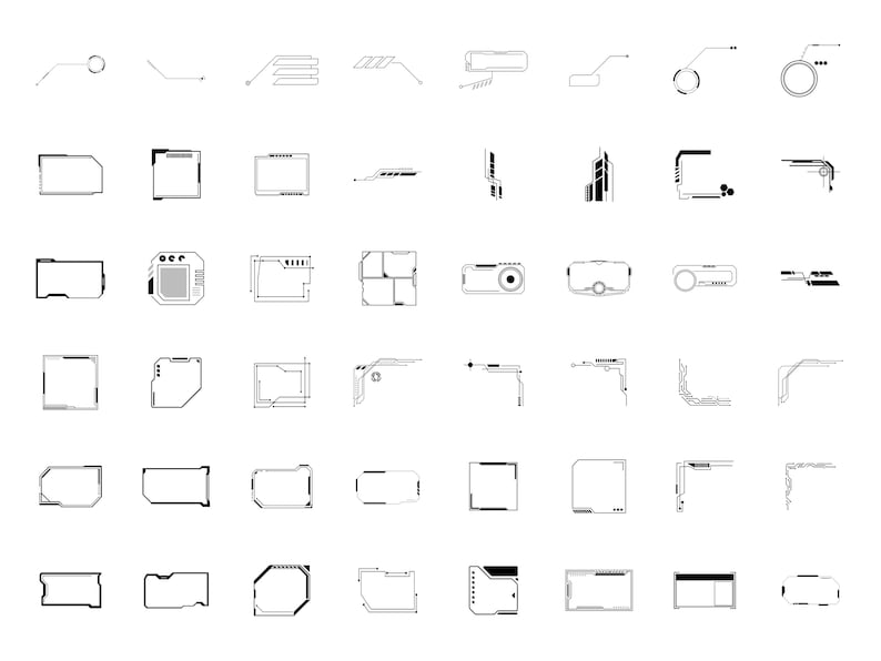 May include: A set of 36 black and white digital interface frames. The frames are in various shapes and sizes, including squares, rectangles, circles, and ovals. Some frames have lines and dots, while others are simple outlines.
