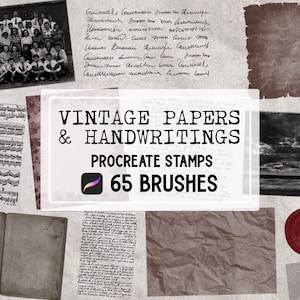May include: A digital illustration of vintage papers and handwritings. The image includes a variety of textures, including paper, parchment, and fabric. The text "Vintage Papers & Handwritings" is displayed in a bold, white font. The text "Procreate Stamps 65 Brushes" is also displayed in a white font. The image is designed to be used as a digital stamp or brush for graphic design.