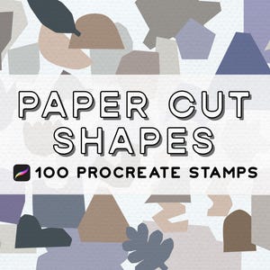May include: Digital art graphic featuring the text "PAPER CUT SHAPES" in a bold, outlined font, with the Procreate logo and "100 PROCREATE STAMPS" below. The background is a light, textured pattern with various abstract shapes in muted colors.