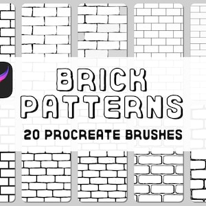 Puede incluir: Imagen que muestra 20 pinceles de Procreate con patrones de ladrillos. El texto "BRICK PATTERNS" se muestra de forma destacada, junto con el icono de la aplicación Procreate. Los patrones de ladrillos son en blanco y negro.