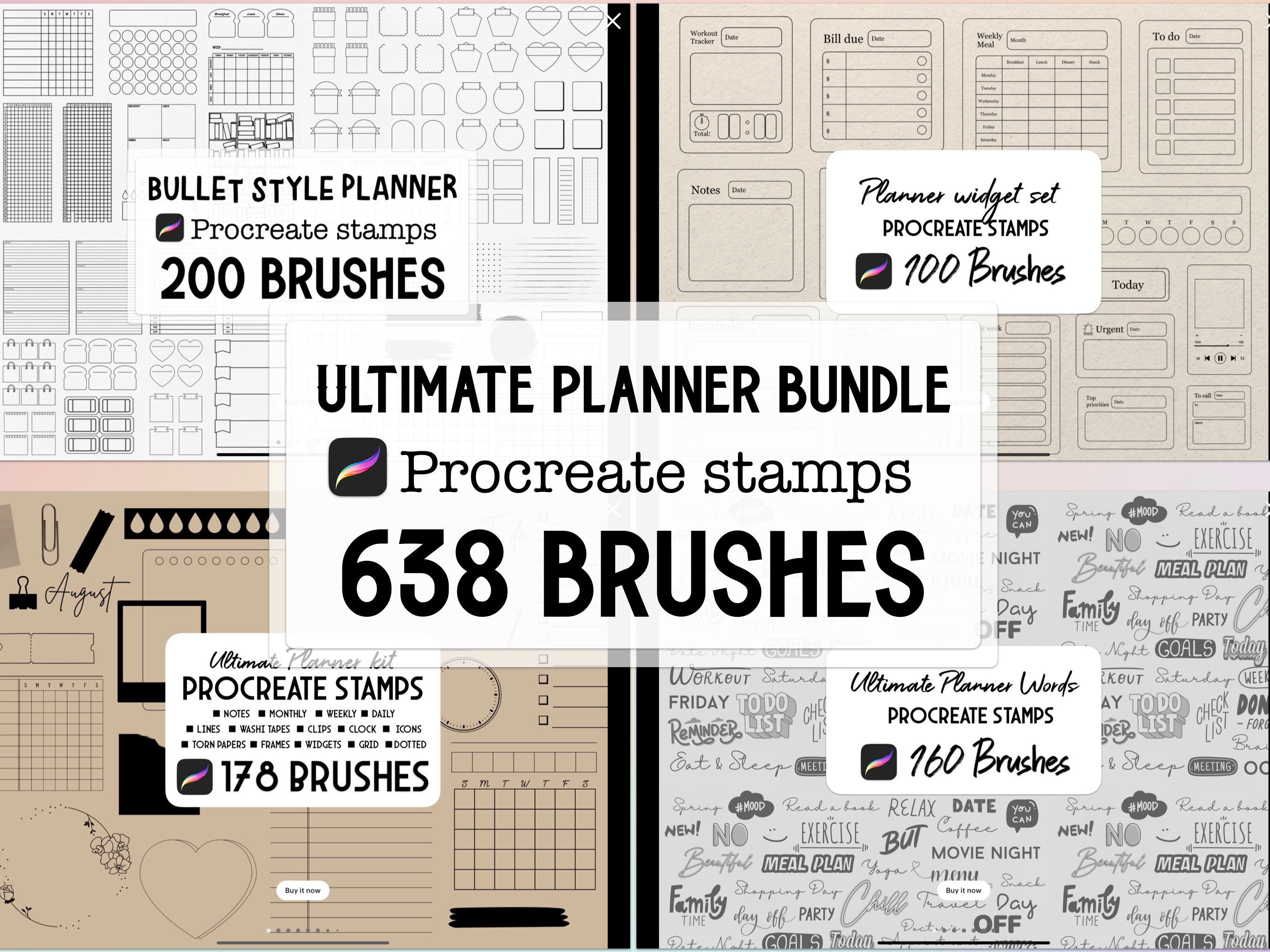 Bundle DIY de Planificador Definitivo – 638 pinceles sello de Procreate para bullet journals, stickers y widgets