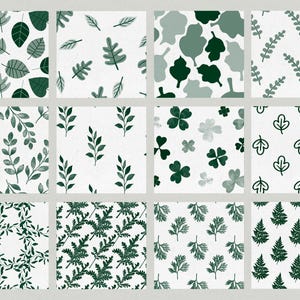 May include: A set of twelve square patterns showcasing diverse leaf and foliage designs in shades of green on a white backdrop. The patterns include various leaf shapes, sprigs, and botanical arrangements.