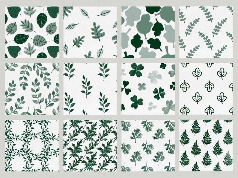 May include: A set of twelve square patterns showcasing diverse leaf and foliage designs in shades of green on a white backdrop. The patterns include various leaf shapes, sprigs, and botanical arrangements.
