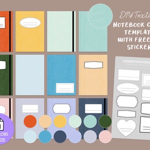 May include: Twelve printable A4 size notebook cover templates with a textured look. The covers are in various colors, including orange, yellow, green, blue, pink, and gray. The templates include a space for a title and a decorative element. The image also includes a sheet of printable stickers for notebook covers.