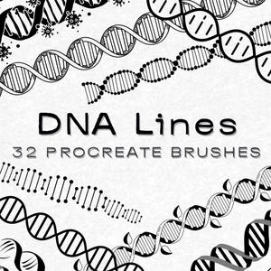 Pode incluir: Um conjunto de 32 pincéis Procreate com designs de fios de DNA em preto e branco. Os pincéis são perfeitos para criar ilustrações científicas, gráficos médicos ou arte abstrata.