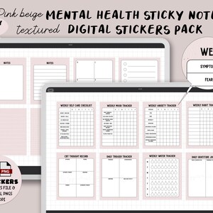 May include: A digital sticker pack for Goodnotes featuring 18 pink and beige mental health trackers. The stickers include a weekly self-care checklist, weekly mood tracker, weekly anxiety tracker, weekly habit tracker, CBT thought record, daily trigger tracker, weekly water tracker, and daily gratitude journal.