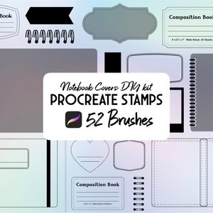 Könnte beinhalten: Ein digitaler Download von 52 Procreate-Pinseln und -Stempeln zum Erstellen von Notizbuch-Covern. Das Bild zeigt verschiedene Notizbuch-Cover-Designs, darunter ein Kompositionsbuch, ein herzförmiges Notizbuch und ein Notizbuch mit einem einfachen Rahmen. Der Text "Notebook Covers DIY kit PROCREATE STAMPS 52 Brushes" wird in der Mitte des Bildes angezeigt.