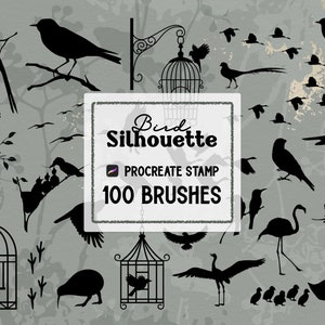 May include: A set of 100 Procreate brushes featuring black silhouettes of birds in various poses, including birds in cages, flying birds, and birds perched on branches. The text "Bird Silhouette 100 Brushes" is displayed on a white background.